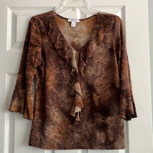 Dress barn large brown blouse with ruffle down the front and v neck